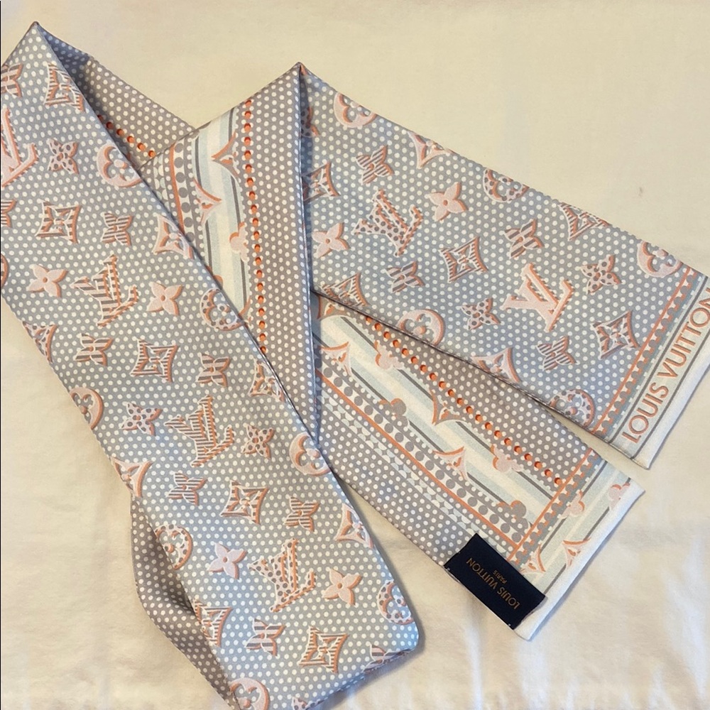 Louis Vuitton Bandeau Peach/Pink and Blue/Gray Monogram Silk Scarf